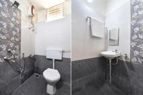 two pictures of a bathroom with a toilet and a sink at FabExpress Comfort Executive - Nr Butterfly Park - Hinjawadi in Pune