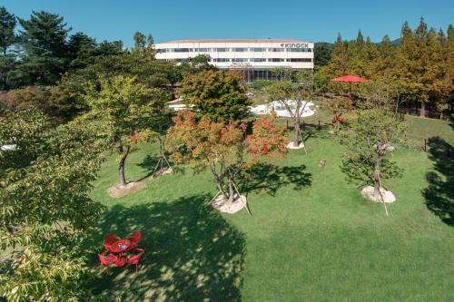 an overhead view of a park with trees and a building at Kinock in Gyeongju