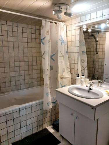 une salle de bain avec un lavabo et une baignoire dans l'établissement Gite de l écluse, à Sery
