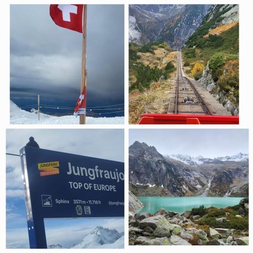 a collage of photos with a sign and a mountain at Ferienwohnung Sonnenseite Brienz in Brienz