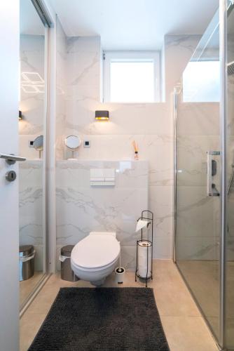 a bathroom with a toilet and a shower at Urban Cozy Apartments Zagreb in Zagreb