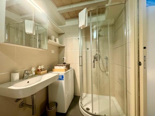 a bathroom with a shower and a sink and a toilet at Niki O. Apartments in Parma