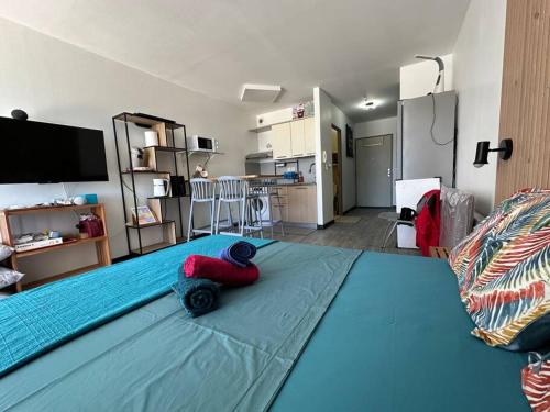 圣丹尼斯StuDio 75 pour 2 personnes avec terrasse - vue mer的客厅配有一张带蓝色床单的大床