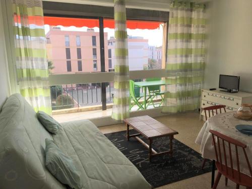 un salon avec un canapé et une grande fenêtre dans l'établissement Grand studio avec terrasse proche du port de Saint Cyprien -3RM168, à Saint Cyprien Plage