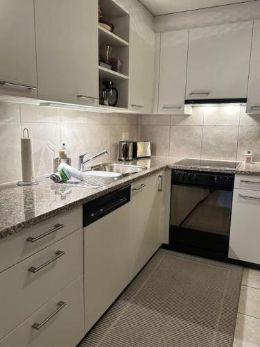 a kitchen with white cabinets and a sink at Charming apartment in Kandersteg in Kandersteg
