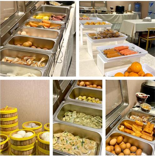 a collage of photos of a buffet with food at 广州柠下酒店科韵路琶洲会展中心店 in Guangzhou