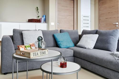 a living room with a gray couch and two tables at Loft experience Amore o Psyche a Carobais 7 in Roncola