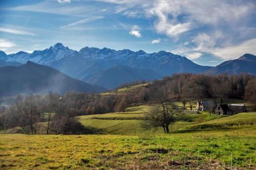 a green field with mountains in the background at Duplex au cœur de la station in Ustou