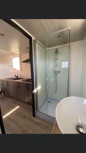 La salle de bains est pourvue d'une cabine de douche en verre. dans l'établissement Aux arômes de Mich, à Coulogne