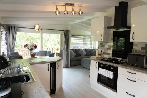 una cucina e un soggiorno con divano di Lakeview Lodge, Builth Wells no tradesmen allowed a Builth Wells