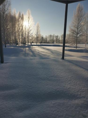 a snow covered field with trees in the distance at Dabas Osta in Jūdaži