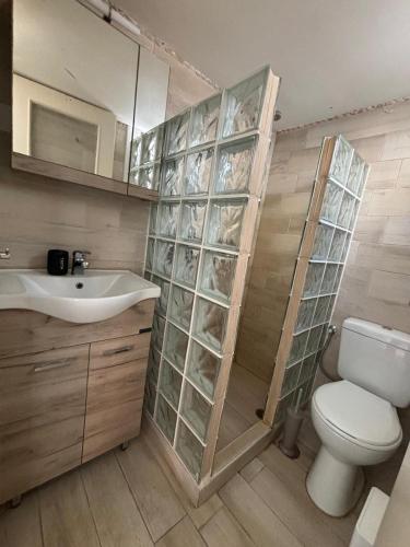 a bathroom with a toilet and a sink at Myconian Avra Apartment in Mikonos