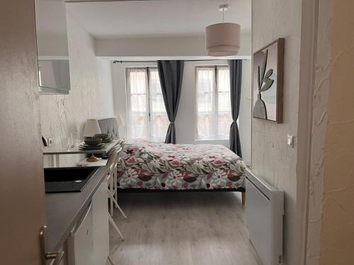 une petite chambre avec un lit et une cuisine dans l'établissement Résidence Champenoise 2, Troyes - France, à Troyes