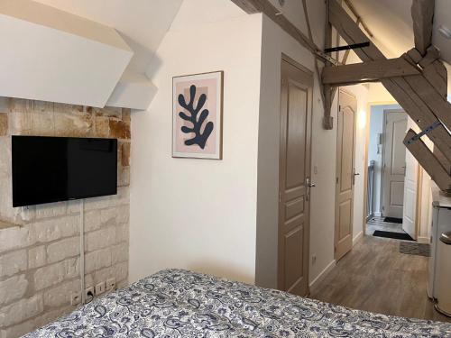 ein Schlafzimmer mit einem Bett und einem Fernseher an der Wand in der Unterkunft Residence Champenoise 5, Troyes - France in Troyes