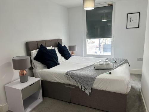 a bedroom with a bed with blue pillows and a window at 1 bed spacious flat in Essex in Brentwood