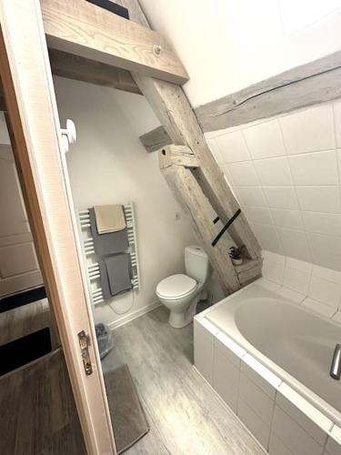 La petite salle de bains est pourvue de toilettes et d'une baignoire. dans l'établissement Résidence Champenoise 4, Troyes - France, à Troyes