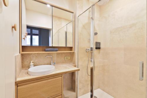 une salle de bain avec un lavabo et une douche dans l'établissement Appartement Quartier Panthéon 2 Free Netflix, à Paris