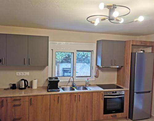 een keuken met houten kasten en een roestvrijstalen koelkast bij GardenHouse in Athene