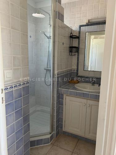 une salle de bain avec douche et lavabo dans l'établissement Villa au calme avec piscine, à Roquebrune-sur Argens