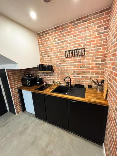 a kitchen with a brick wall and a sink at L'Atelier du Désir - Centre - Proche Gare in Sélestat