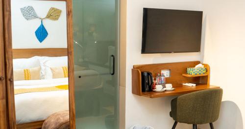 a room with a shower and a bed with a television at Château NaNa Willine in Accra