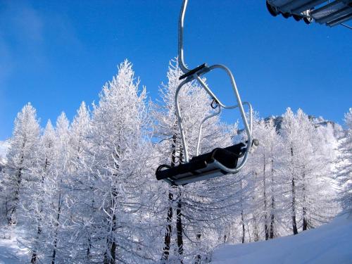 a ski lift with snow covered trees in the background at Il Piccolo Residence in Gressoney-la-Trinité