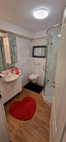 a bathroom with a red heart rug on the floor at Auf dem alten Deich in Sande