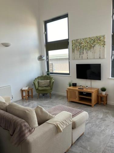 a living room with a couch and a flat screen tv at Swansea Bay, Marina, Swansea Arena, Beach & City in Swansea
