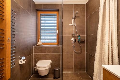 a bathroom with a toilet and a shower at Design Apartment Au - Voralberg in Au