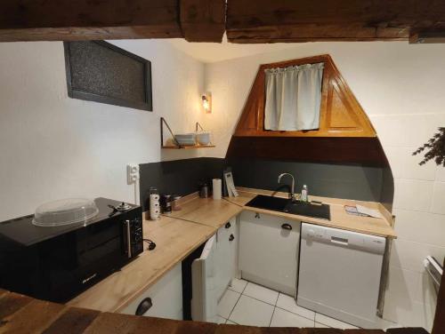 テラソンにあるAppartement avec terrasseのシンクと電子レンジのある小さなキッチン