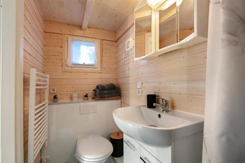 a bathroom with a sink and a toilet at Tiny House Nr 3 in Schwielowsee
