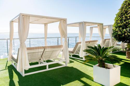 a group of white chairs sitting on the grass near the ocean at Hotel ROC Illetas & SPA in Illetas