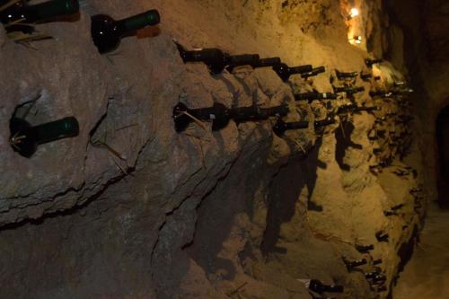 a wall with wine bottles on the wall of a cave at Villa Melnik SPA Residence with Hot Pool by BookVillaBG in Melnik