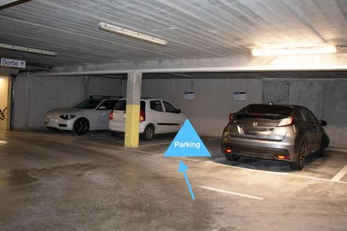 two cars are parked in a parking garage at Séjour en bord de Meuse avec garage in Dinant