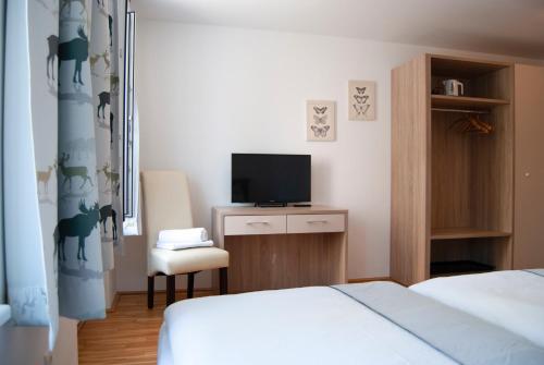 a hotel room with a bed and a television at La Gondola in Niederneukirchen