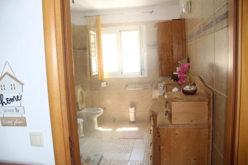 a bathroom with a toilet and a sink and a window at Villa Bettina 1st floor in Afionas