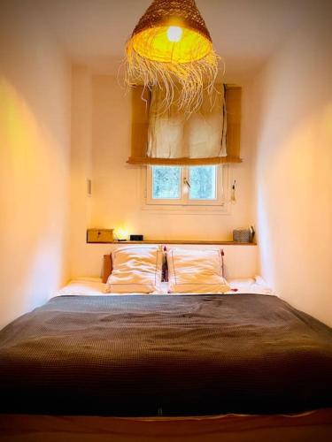 une chambre avec un lit avec un lustre au-dessus dans l'établissement Petit Montmartre dans le 20e à Paris, à Paris