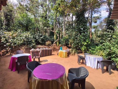 a group of tables and chairs with purple table cloth at The Dream in SanivÄrsante