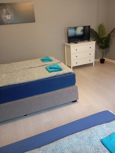 a bedroom with two beds and a tv and a dresser at Stadtnah an der Förde 75 01 R in Flensburg