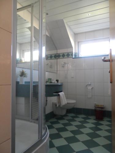 a bathroom with a shower and a toilet and a sink at Pension Lichterturm in Beuren