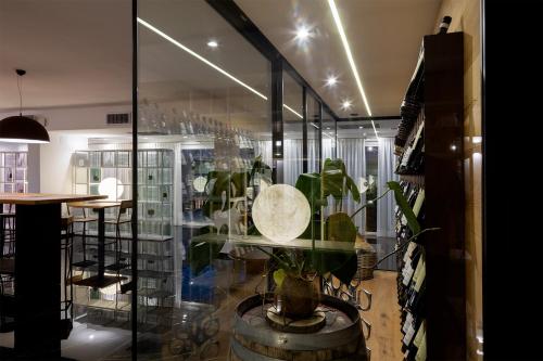 a room with a glass wall with a potted plant at Hotel San Teodoro in San Teodoro