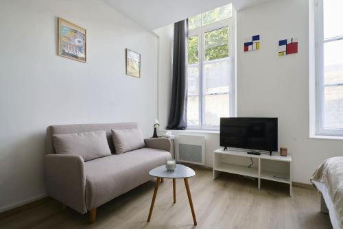 un salon avec un canapé et une télévision dans l'établissement Au Cœur des Remparts - Studio 2p, vieille ville BSM, à Boulogne-sur-Mer