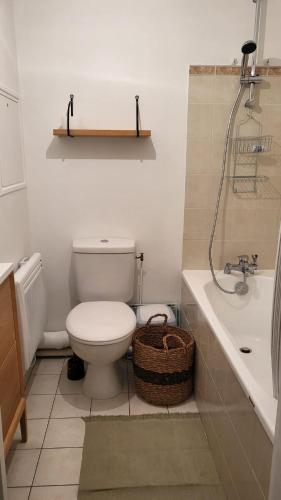 La salle de bains est pourvue de toilettes, d'un lavabo et d'une baignoire. dans l'établissement Studio rénové proche cathédrale, à Chartres