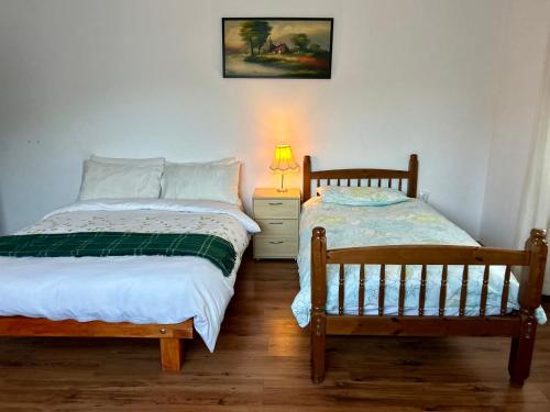 a bedroom with two beds and a lamp on a night stand at Cabana Sweetlife in Rimetea