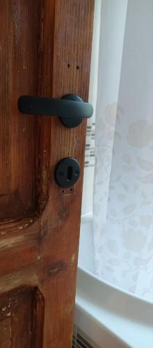 a wooden door with a black handle next to a tub at Narniandum Est in Narni