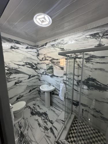 a bathroom with a sink and a glass shower at Harry's Luxury Guest House in Mahikeng