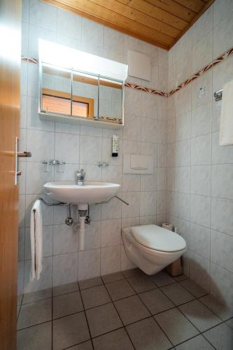 a bathroom with a sink and a toilet at Hotel Haus Schönstatt contactless-Check-In in Brig