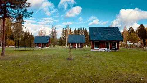 two houses in a field with a tree in the foreground at Sepa Puhkekeskus in Käina
