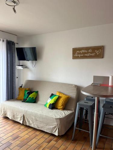 un salon avec un canapé et une table dans l'établissement Élégant Studio au calme 2mn mer Wifi Clim Terrasse parking, à Six-Fours-les-Plages