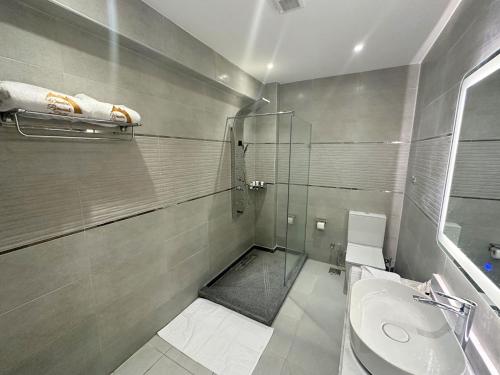 a bathroom with a shower and a toilet and a sink at Pyramids Wonders Hotel in Cairo